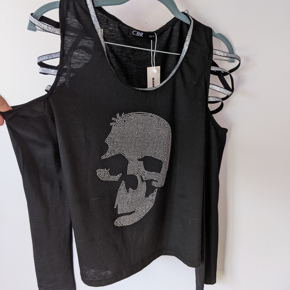 CBR Black Sequin Skull Top with Open Shoulder Straps - Size M
